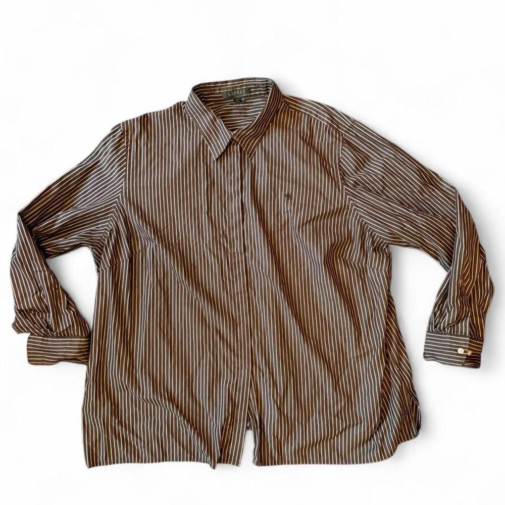 Lauren Ralph Lauren 3X Brown Ivory Pinstripe Cotton Button Down Shirt Office